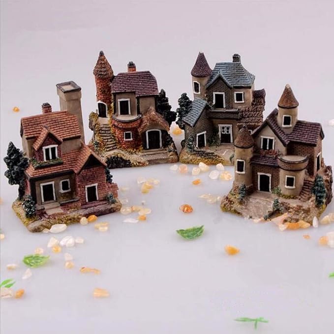 Avtytsda Resin Miniature House 4PCS Miniature House Fairy Gardening Micro Landscape Village Stone House Bonsai Terrarium Crafts Ornaments Accessories Home Decoration (A)