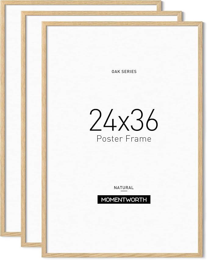 Momentworth Minimalist 24x36 Poster Frame Set of 3, Solid Oak Wood 24x36 Frame for Wall Mount - Wall Decor for Home, Office & Galley (3 Pack,Oak)
