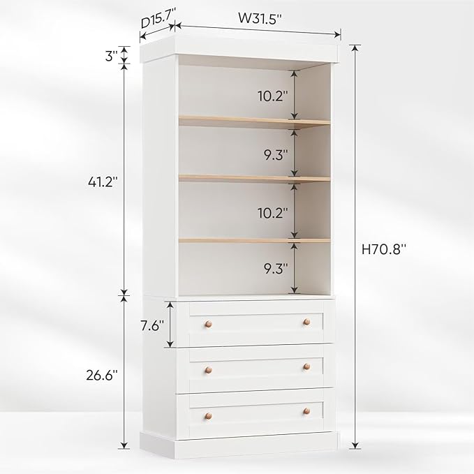 71" Tall Farmhouse Kitchen Pantry, Large Storage Cabinet with Adjustable Shelves and 3 Drawers, White Versatile Hutch for Dining Room and Living Room, 3 Pcs