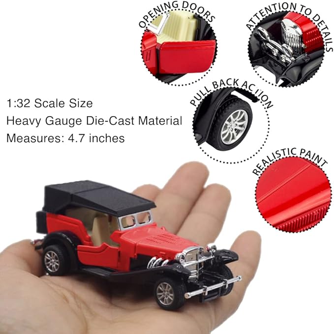 6 Pack - Diecast Cars Antique Classic American Vehicles with Pullback Action and Openable Doors, Collectible Vintage Retro Model Cars Toy for Display and Gifts for Kids (1:32 Scale)