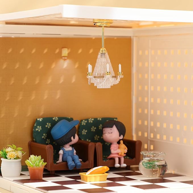 NUOBESTY Dollhouse Ceiling Lamp, 1:12 Scale Dollhouse Hanging Lights Led Miniature Doll House Light Battery Operated Miniature Chandelier for DIY Doll House Furniture Accessories