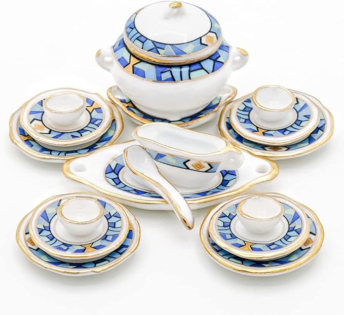 Odoria 1/12 Miniature Dish Dinnerware Set 17Pcs Dollhouse Decoration Accessories, Mediterranean Blue