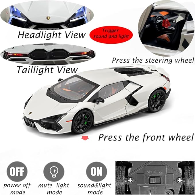 Alloy Collectible 1/24 White Lambo Revuelto Toy Pull Back Vehicles Diecast Cars Model with Light & Sound