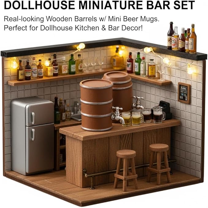 Miniature Beer and Wine Barrel Set with Mugs, Brown Wooden Style Kegs, 1:12 Scale Dollhouse Accessories, 6 Piece Collection