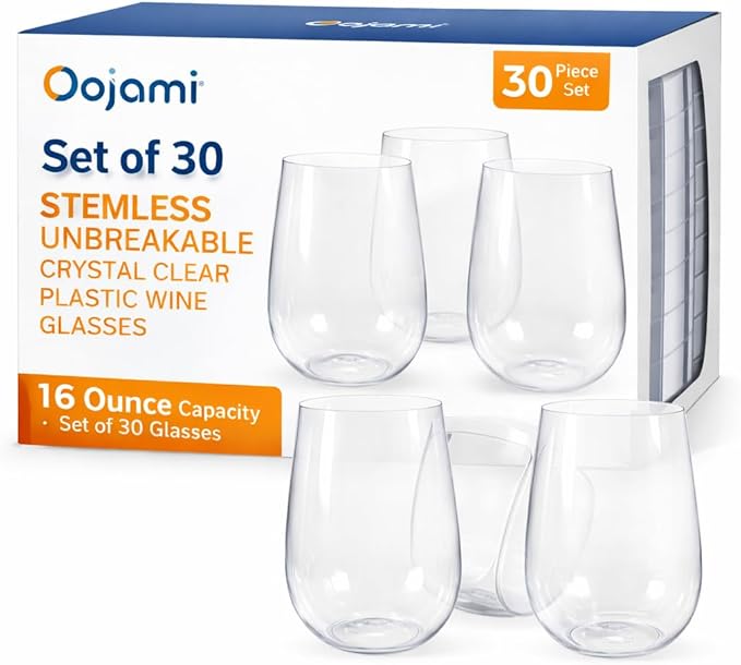 Oojami 30 piece 16 oz Stemless Unbreakable Crystal Clear Plastic Wine Glasses Set of 30 (16 Ounce)