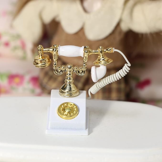 Dollhouse Telephone 1:12 Miniature Vintage Rotary Phone Model Desk Decoration Retro Mini Accessorries for Artificial House Living Room Scene (White)