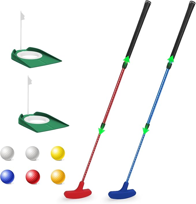 MultiOutools Golf Putters for Men and Women, 2 Pack Adjustable Golf Club Sets with 6 Balls & 2 Flag Cups, Two-Way Mini Putters Training Clubs for Children, Teenagers, Adults