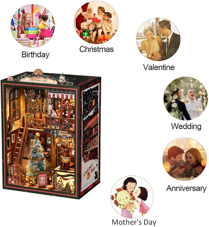 DIY Book Nook Kit DIY Wooden Bookend Doll House Kit with LED Light for Friends and Family