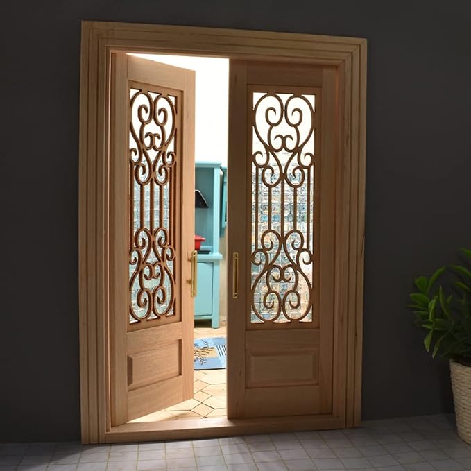 iLAND Dollhouse Door on 1:12 Scale, Dollhouse Accessories of Miniature Gate w/Carved Pattern & 3D Lattice Panes Reflecting Rainbow Light & Golden Handles