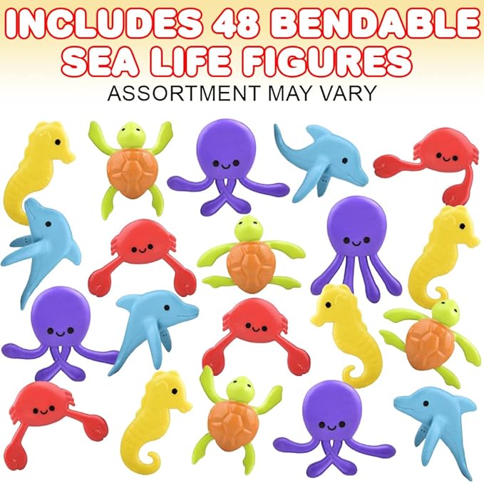 ArtCreativity 48 Pcs Sea Animal Toys, Sea Creatures Bendable Toys for Kids in 5 Assorted Designs Plastic Animals, Great as Aquatic Ocean Party Favors, Under the Sea Sarty Pinata Stuffers