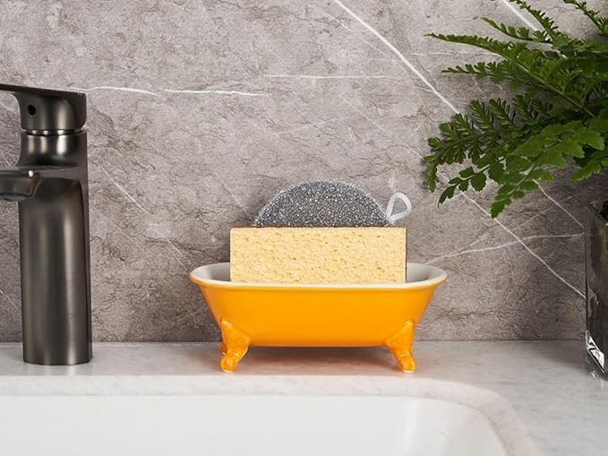 NEWHENGS 6.5" Ceramic Mini Decorative Clawfoot Bathtub Bar Soap Dish, Kitchen Sponge Holder and Shower Tray for Bathroom, 1 Pack(Golden Yellow)