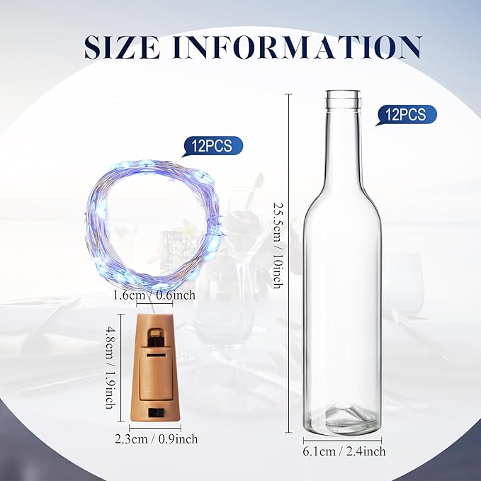 Rtteri 12 Sets Small Empty Wine Bottles with Cork Lights Centerpiece and 30 LED Battery Operated Cork Lights for Birthday Wedding Party Decoration(375 ml,Blue)