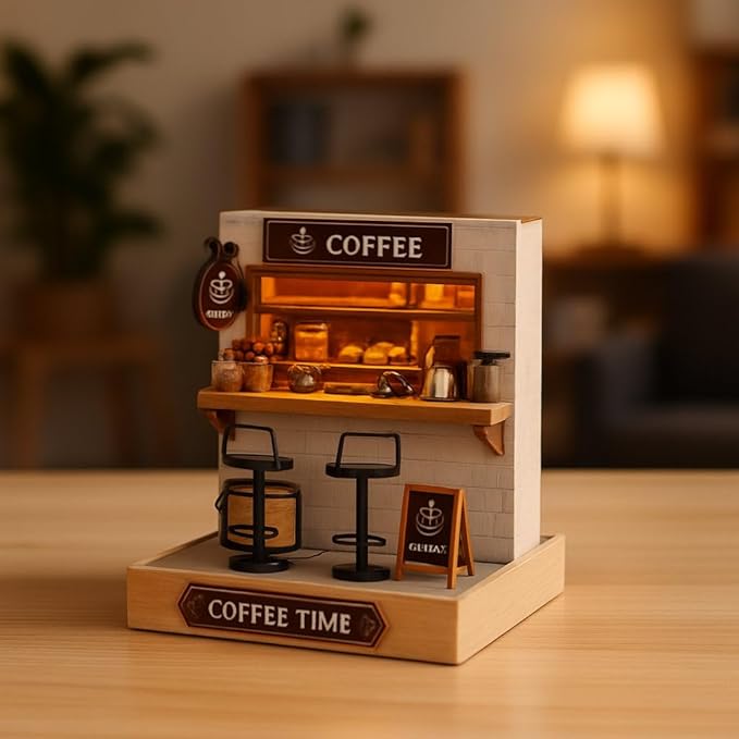 Book Nook Kit, DIY Miniature House Coffee Shop Dollhouse Kit, Creative Room Mini Wooden Doll House, Booknook Tiny House, Ideal Gifts for Birthday Valentine's Gift (Black)