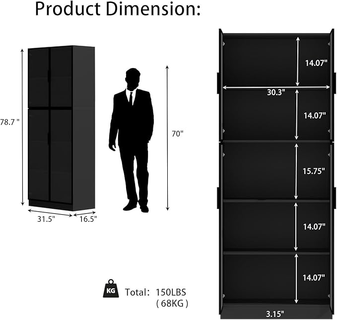 Display Cabinet with Glass Doors and Storage Shelve, Modern Display Cabinet for Collectibles Trophy Case for Display - Black (31.5 ""W x 16.5 ""D x 78.7 ""H), HJ-FF10