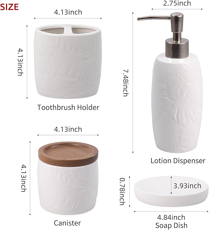 Bathroom Accessories Set,Leaf Design Bathroom Accessory Set,4 PCS Ceramic Gift Set Apartment Necessities, Contain Cotton Swab Jar,Soap Dispenser,Soap Dish,Tumbler White
