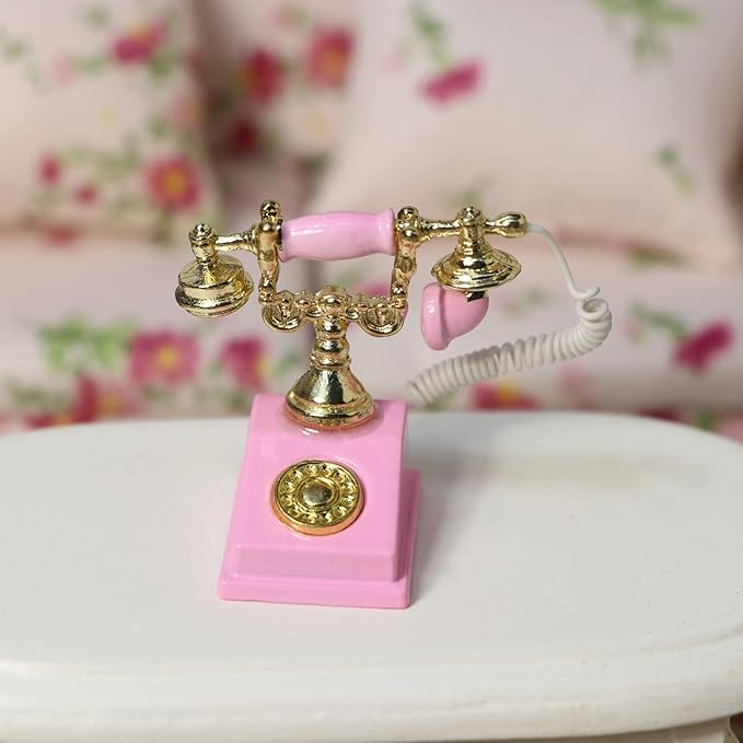 Dollhouse Telephone 1:12 Miniature Vintage Rotary Phone Model Desk Decoration Retro Mini Accessorries for Artificial House Living Room Scene (Pink)