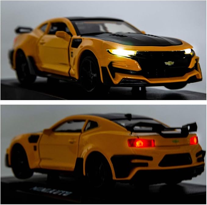 BDTCTK Camaro Bumblebee Car Model Toy 1/32 Zinc Alloy Casting Pull Back Car Sound and Light Toys for Kids Boy Girl Gift (Yellow)