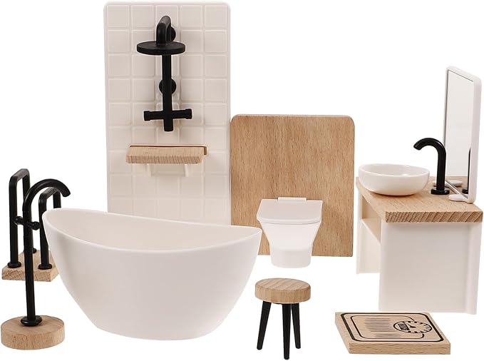 JOINPAYA 1set Dollhouse Bathroom Set: Dollhouse Bathroom Furniture Accessories 1 12 Scale Mini Shower Room AdornmentsSink Scale Shower Toilet Bathtub Stool for Doll Accessories