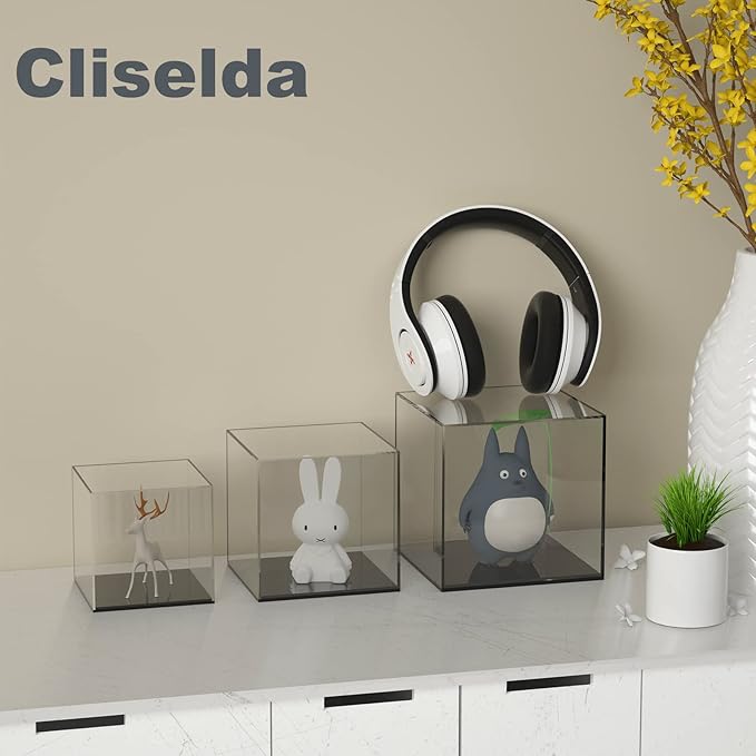 Cliselda Acrylic Display Case with Black Base 4x4x4 inch, Clear Square Acrylic Box Cube Small Storage Containers, Fully Assembled Dustproof Plastic Display Box for Collectibles Action Figures