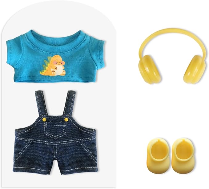 Clothes for 6.7in/17cm Dolls (Without Dolls) Sets and Accessories,4PCS (Over-Ear + Denim Overalls + T-Shirt + Shoes), Collectors and As Gifts. (Dinosaur Overalls)