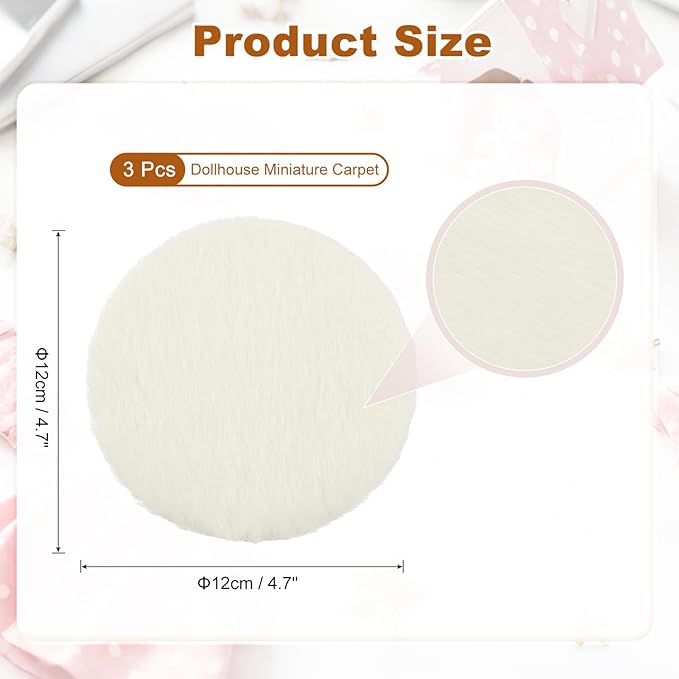 uxcell 3Pcs Dollhouse Miniature Carpet, 1:12 Fluffy Doll House Rugs Prop Small House Accessories for Doll House Furniture Decor Play, Beige Round