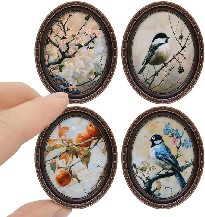 iLAND 1/12 Scale Accessories, 4 Dollhouse Picture Frames w/ 4 Paintings (Flowers & Birds)