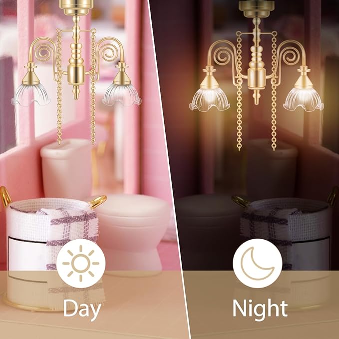 Miniature Dollhouse Chandelier Light - Gold Double-Head Floral Pendant Lamp with Illuminated Ceiling Light for Dollhouse Furniture Accessories and Tiny Home Decor