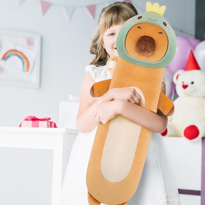 36 inch Extra Capybara Plush Long Pillow Toy Soft Stuffed Animal with Cute Dinosaur, Large Cuddle Sleeping Body Capybara Brown Big Plushies Gifts for Kids Boys Girls, Birthday, Halloween, Christmas