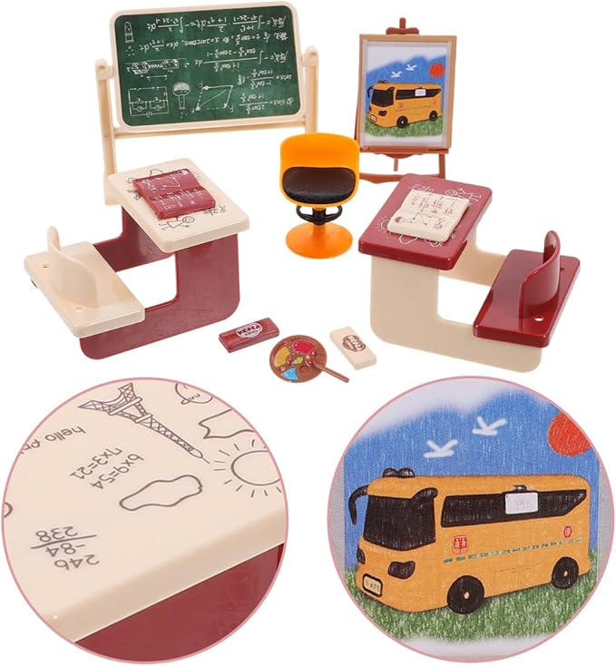 Garneck Miniature Classroom Model Set with Desk Chair and Chalkboard Mini House Decor for Crafts Dollhouse Accessories and Desktop Decoration