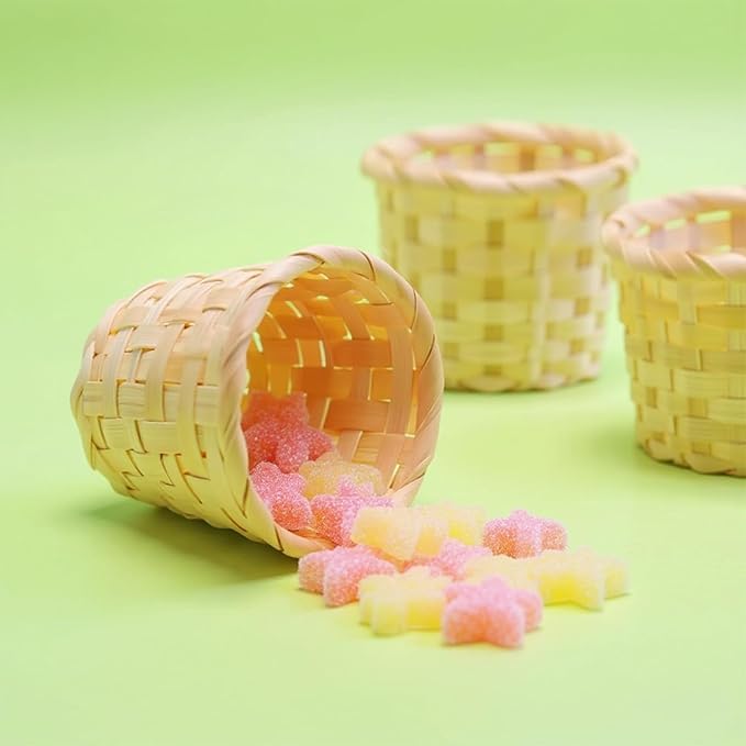 8 Pcs Mini Woven Basket Set for Home Organization, 4 Small 3.54 × 3.54 × 2.95in and 4 Mini 2.95 × 2.95 × 2.36in, Natural Bamboo Wood, Centerpiece Baskets, Party Favors, DIY Crafts