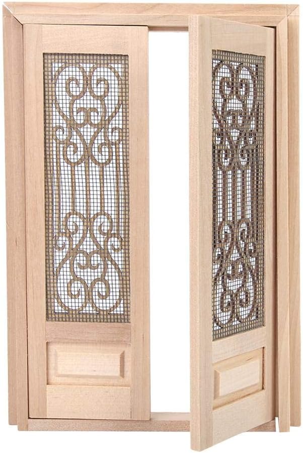 Doll Door, 1:12 Dollhouse Furniture Miniature DIY Hollow Wooden Door Set Wood Exterior Door Excellent Furniture Model