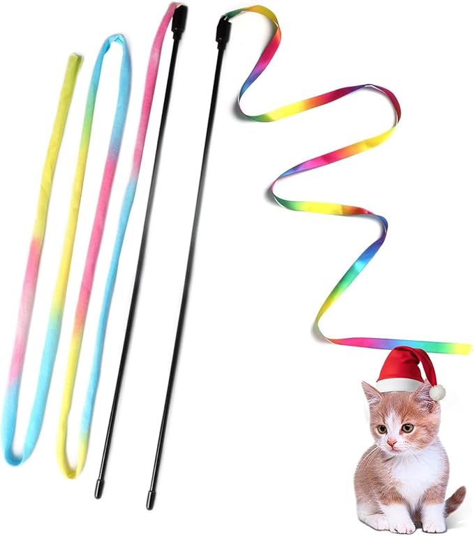 Cat Wand Toys Interactive Kitten Toys for Indoor Cats Colorful Teaser Wand String for Exercise Kitten Stick Kitty Rope Toy Rainbow Ribbon Cat Charmer -2Pcs