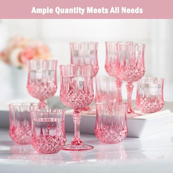 LEYIQU Plastic Wine Glasses, Plastic Goblets Vintage Style Cordial Drinking Glasses for Valentine’s Day, Wedding Reception, Grand Event Party Supplies (12, Pink)