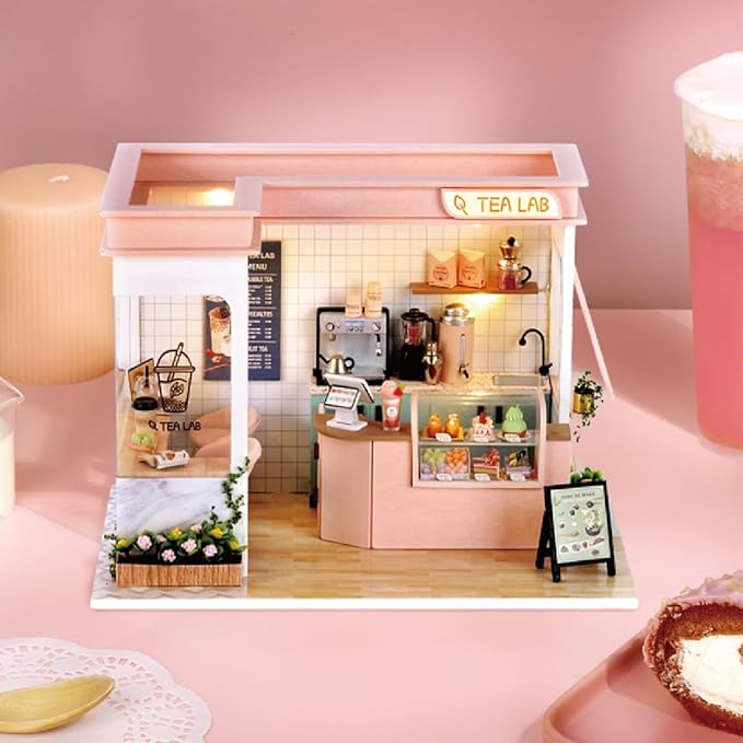 CRIOLPO Miniature House Kits for Adults, DIY Doll Room Miniature Furniture House Kit, Wooden Dolls House, Tiny House Model Kits, Craft Your Own Wooden Doll House - Sunshine Milk Tea Shop