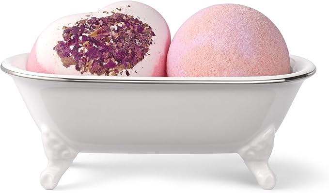NEWHENGS 6.5" Ceramic Mini Decorative Clawfoot Bathtub Bar Soap Dish, Kitchen Sponge Holder and Shower Tray for Bathroom, 1 Pack (White Silver Rim)