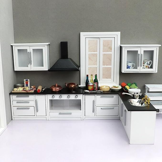 JTLB 7pcs 1:12 Mini Dollhouse Kitchen Cabinet Simulation Life Scene Dollhouse Modern Kitchen Set
