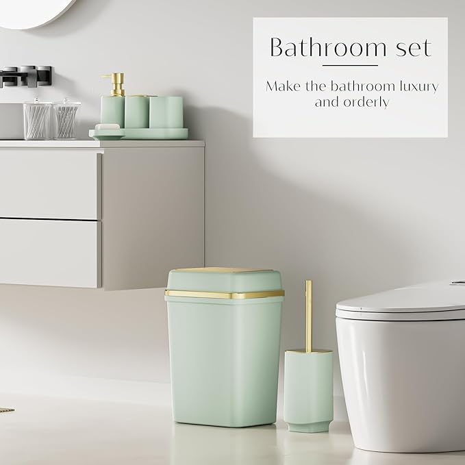 9PCS Bathroom Accessory Set, Green Bathroom Set with Large-Capacity 4 Gallon Trash Can, Bathroom Accessories Set Complete, Toothbrush Holder, Soap Dispenser, Toilet Brush, Bathroom Decor