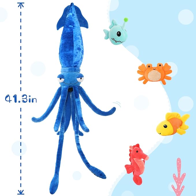 5Pcs Giant Squid Stuffed Animal 41.3" with Small Marine Clownfish,Crab, Seahorse, Angler Fish Baby Plush Toys, Adorable Bulk Ocean Animal Plushies Gifts for Squid Toys Lover,Kids,Boys,Girls