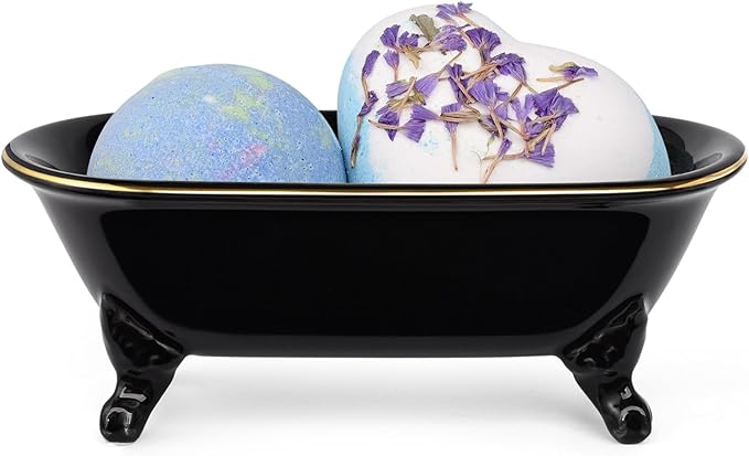 NEWHENGS 6.5" Ceramic Mini Decorative Clawfoot Bathtub Bar Soap Dish, Kitchen Sponge Holder and Shower Tray for Bathroom, 1 Pack (Black Gold Rim)