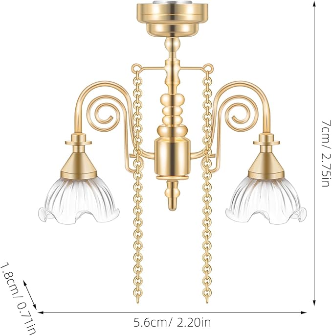TOYANDONA Miniature Dollhouse Chandelier – Gold Double-Head Floral Ceiling Light with Light Display, Vintage Hanging Lamp Mini Furniture Accessories for Dollhouse Decor