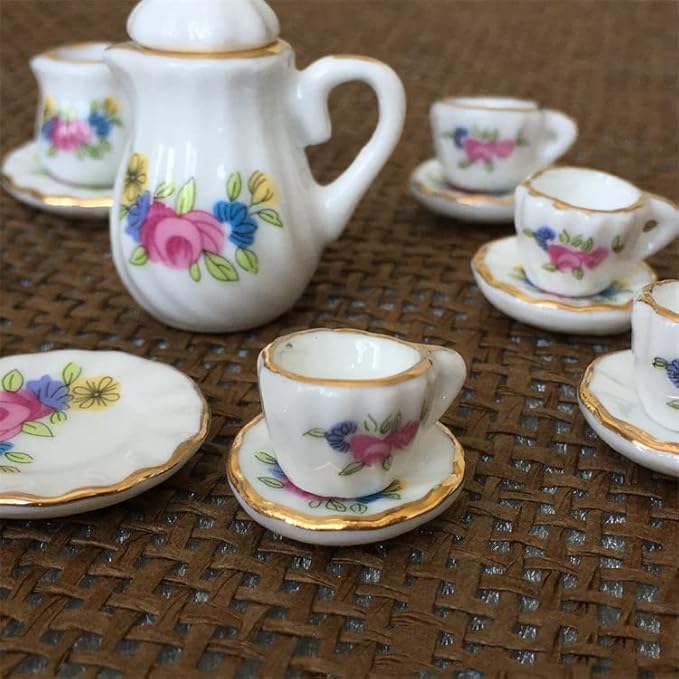 Dollhouse Decoration Accessories, 1:12 Dollhouse Miniature 15 Pcs Porcelain Tea Sets Mini Food Toy Model (H)