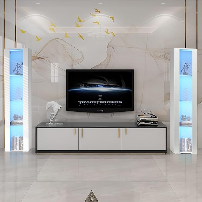 Pvillez 67" LED Display Cabinet with 4 Glass Shelves & 1 Door, Modern Curio Cabinet Collection Display Case Storage Cabinet, High Gloss Floor Standing Bookshelf for Living Room Bedroom Office (White)