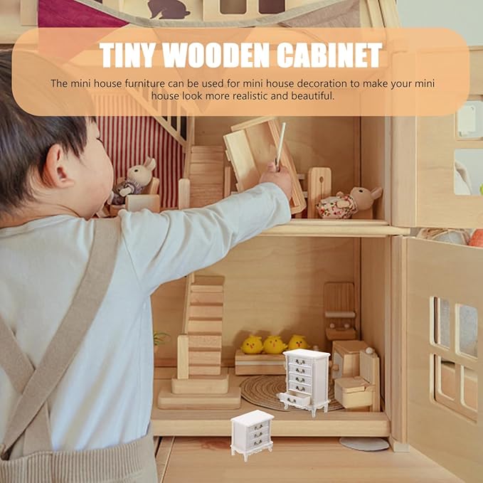 2pcs Miniature Dollhouse Cabinet Set - Wooden Mini Doll House Furniture for Model Accessories Tabletop Decor Props White