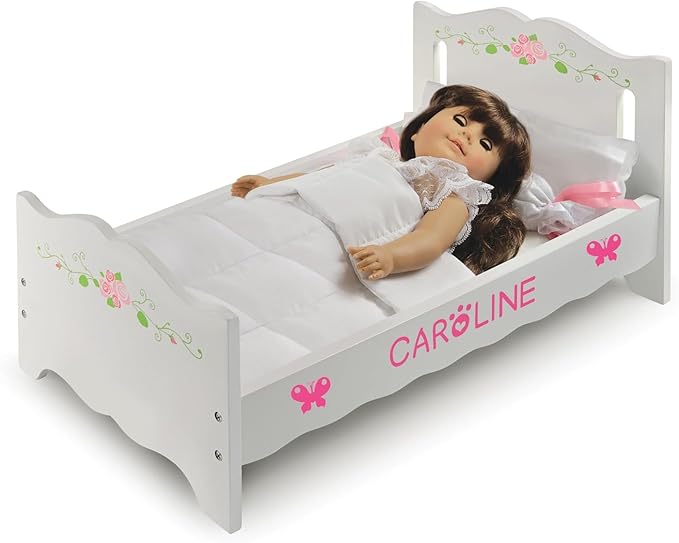 African Adventure Doll Bed with Bedding & Personalization Kit - White Rose - 22" L x 11.25" W x 10.25" H - for Dolls Up to 20", Includes Four Pillows
