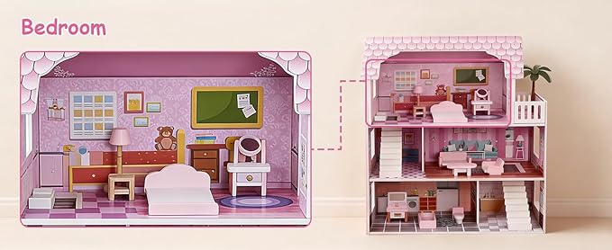 3 Story Dollhouse for Girls with Furniture, Pink Wooden Doll House Playset for Kids Ages 3-8, Multi-Room Modern Doll Cottage with Movable Accessories, Storage & Easy Assembly for Imaginative Role Play