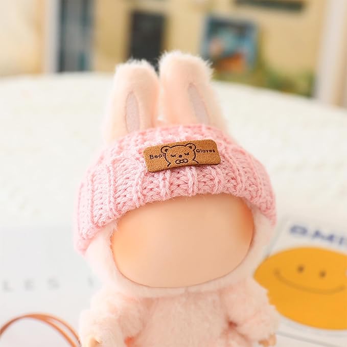 Clothes for LABUBU Doll (NO Doll), Handcrafted Crochet 3-Piece Accessories for LABUBU 17cm Dolls, Premium Outfit - Bunny Sweater + Hat + Bag, Cute Clothes for Dress up Unique Style (Pink)