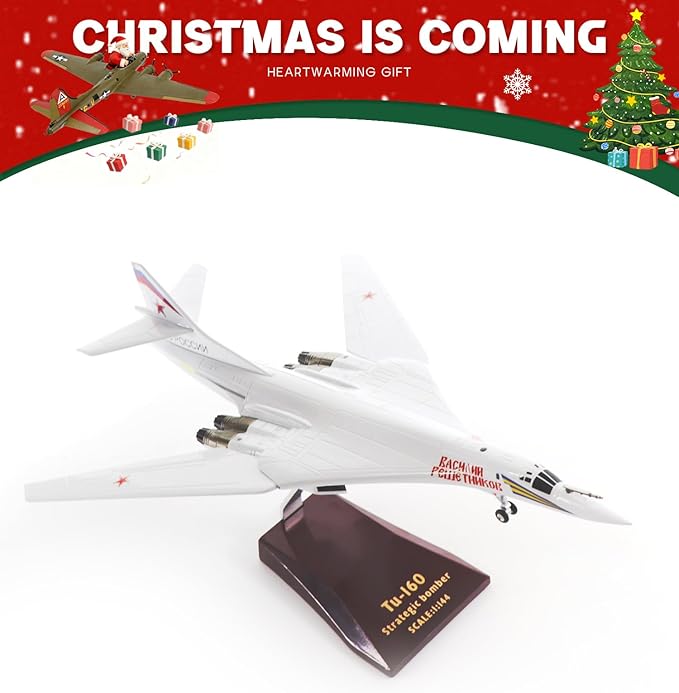 Tupolev Tu-160 Blackjack Bomber 1/144 Diecast Metal Aircraft Model Kits Soviet Union Military Fighter Pre-Build Replica Airplane Model with Stand for Collections or Gift