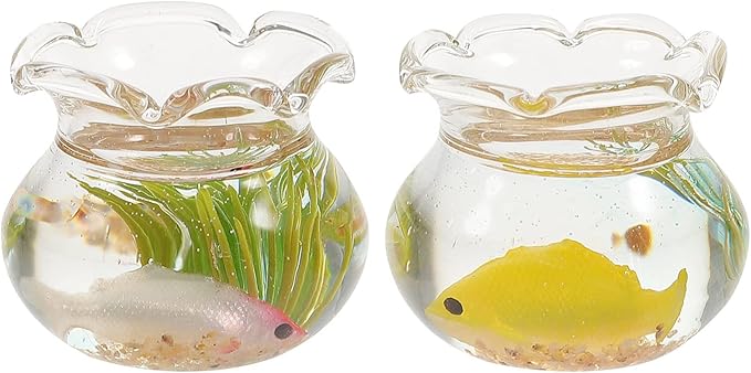 Kisangel 2pcs Dollhouse Fish Tank Miniature Fish Bowl 1: 12 Glass Goldfish Bowls for Tiny House Decorative Accessories