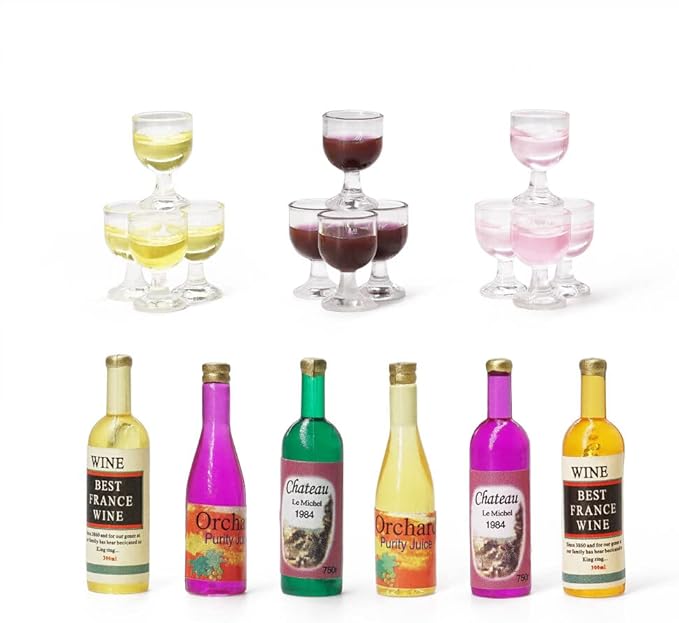 Odoria 1/12 Miniature Wine Bottles 6Pcs and Wine Glasses 12Pcs Dollhouse Decoration Accessories