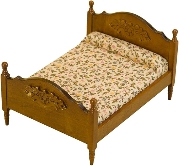 1:12 European Double Bed Model Miniature Wooden Bed DIY Scene Model 1/12 Miniature Bedroom Furniture for Bedroom Decoration